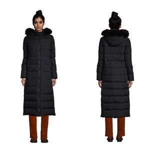 Lands end maxi down coat black fur trim hood thick